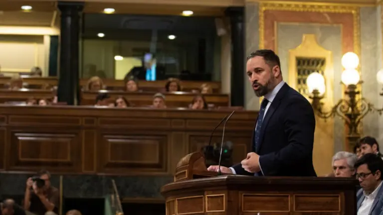 El l&iacute;der de VOX, Santiago Abascal, durante una intervenci&oacute;n en el Congreso de los Diputados. Imagen de Archivo.