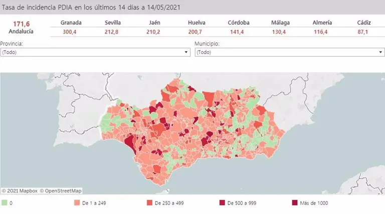 Mapa de Andaluc&iacute;a con nivel de incidencia de Covid-19 por municipios a 14 de mayo de 2021 - JUNTA DE ANDALUC&Iacute;A