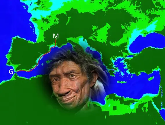 Recreacion-de-Nana-sobre-un-mapa-de-Europa-con-las-ubicaciones-de-la-gruta-de-Mandrin-y-Gibraltar