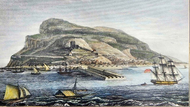 ENERO- Vista de Gibraltar, la ciudad y el viejo muelle a principios del siglo XIX