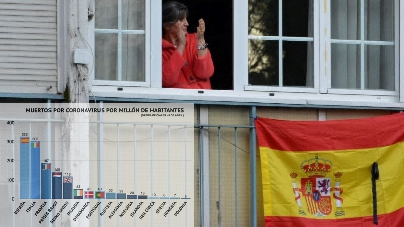 Una-bandera-espanola-con-crespon-negro-en-un-balcon