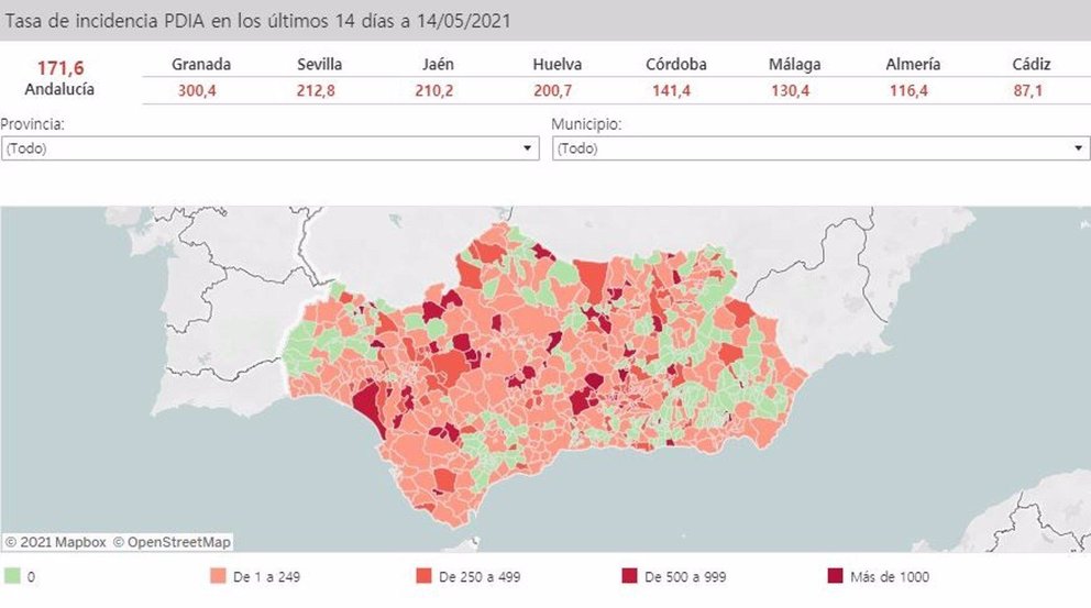 Mapa de Andalucía con nivel de incidencia de Covid-19 por municipios a 14 de mayo de 2021 - JUNTA DE ANDALUCÍA